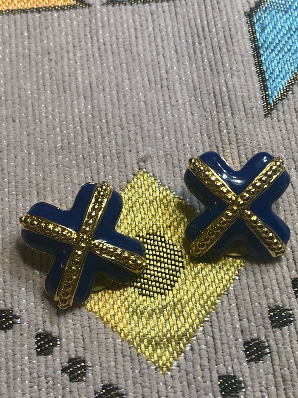 Vintage 1980 Blue Enamel Gold Tone Criss Cross clip on earrings